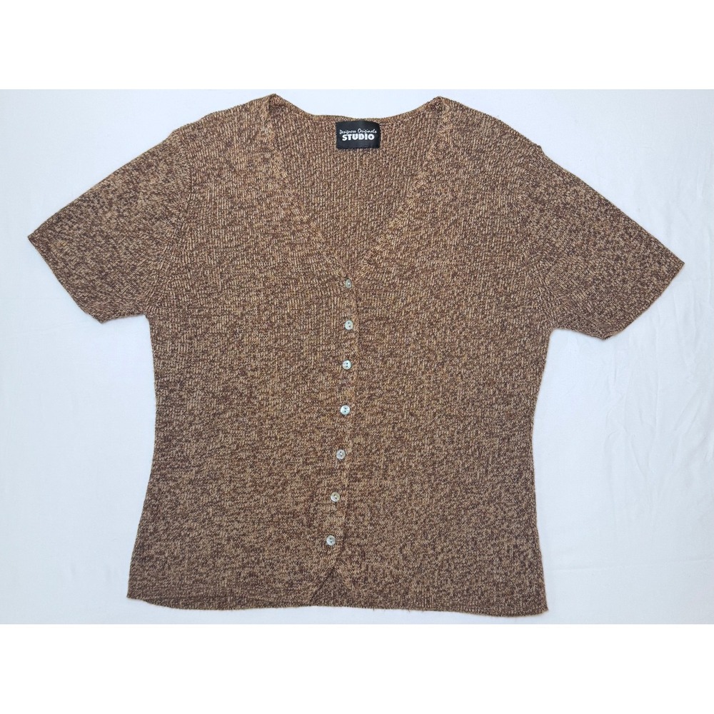 Vintage 90s Short Sleeve Knit Cardigan Sweater M L Brown Fall Librarian Academia
